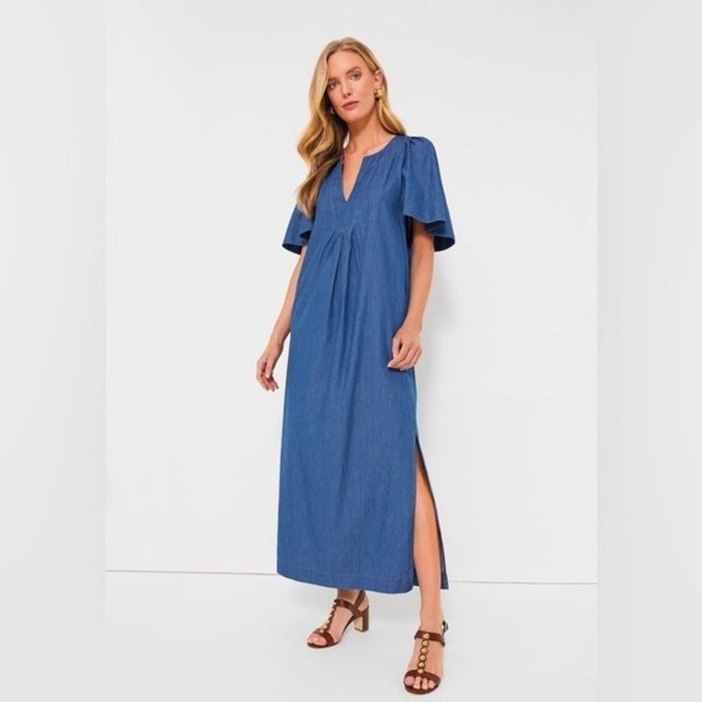 POMANDER Place Denim Finley Flutter Sleeve Maxi Dress Size S